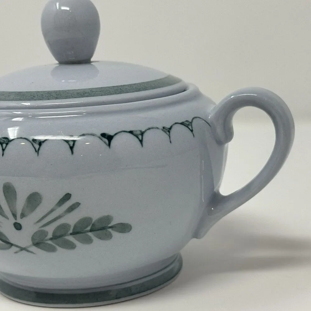 Arabia Finland Green Thistle Sugar Bowl and Lid Handpainted Vintage